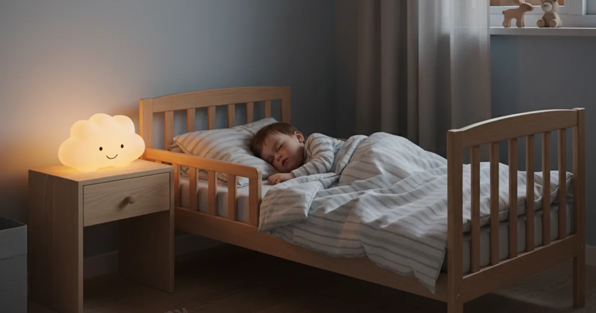 Barn som sover fredelig i barneseng med nattlys i nordisk soverom