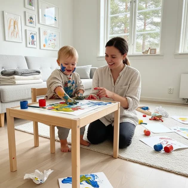Toåring som maler med fingermaling ved et lavt bord i en lys stue