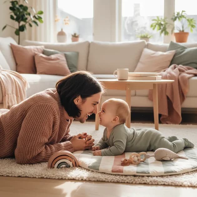 Forelder som leker med baby på gulvet med fargerike leker