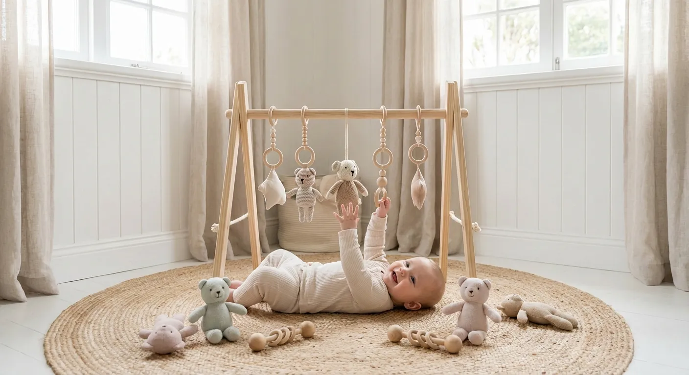 Skandinavisk barnerom med myke babyleker, babygym og trerangle