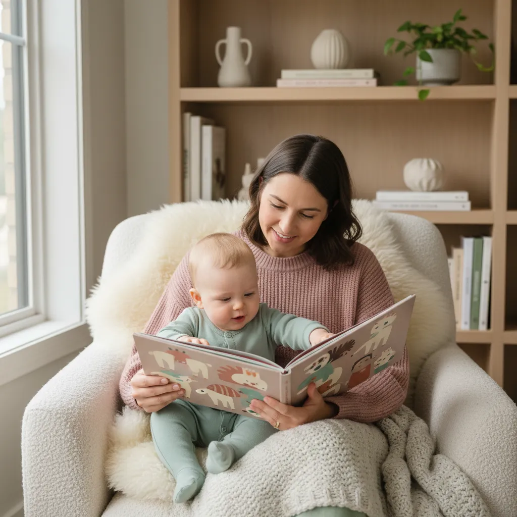 Forelder som leser bildebok for liten baby i fanget