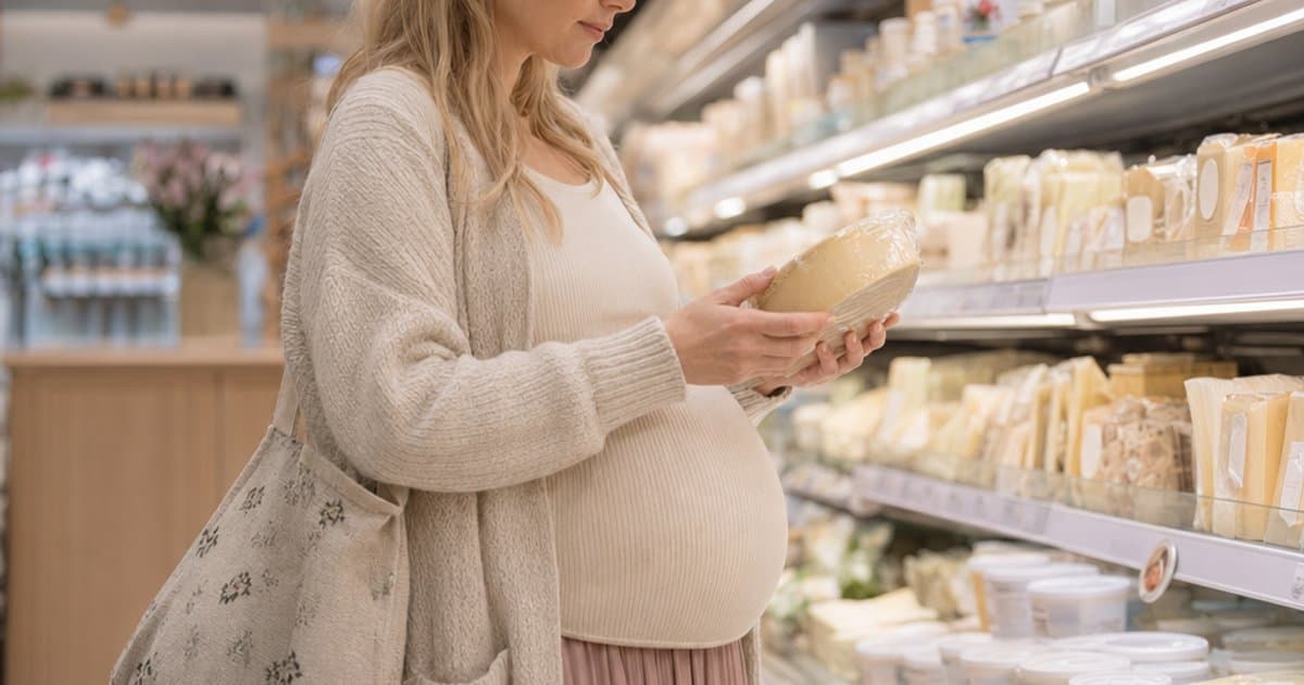 Gravid kvinne ser nøye på etiketten på en pakke ost i kjøledisken på butikken