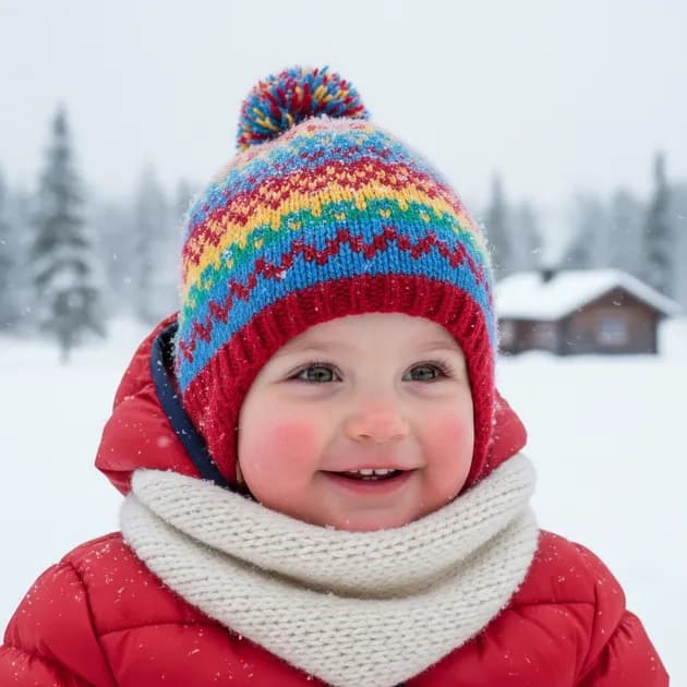 Smilende barn med ullue leker ute i snøen