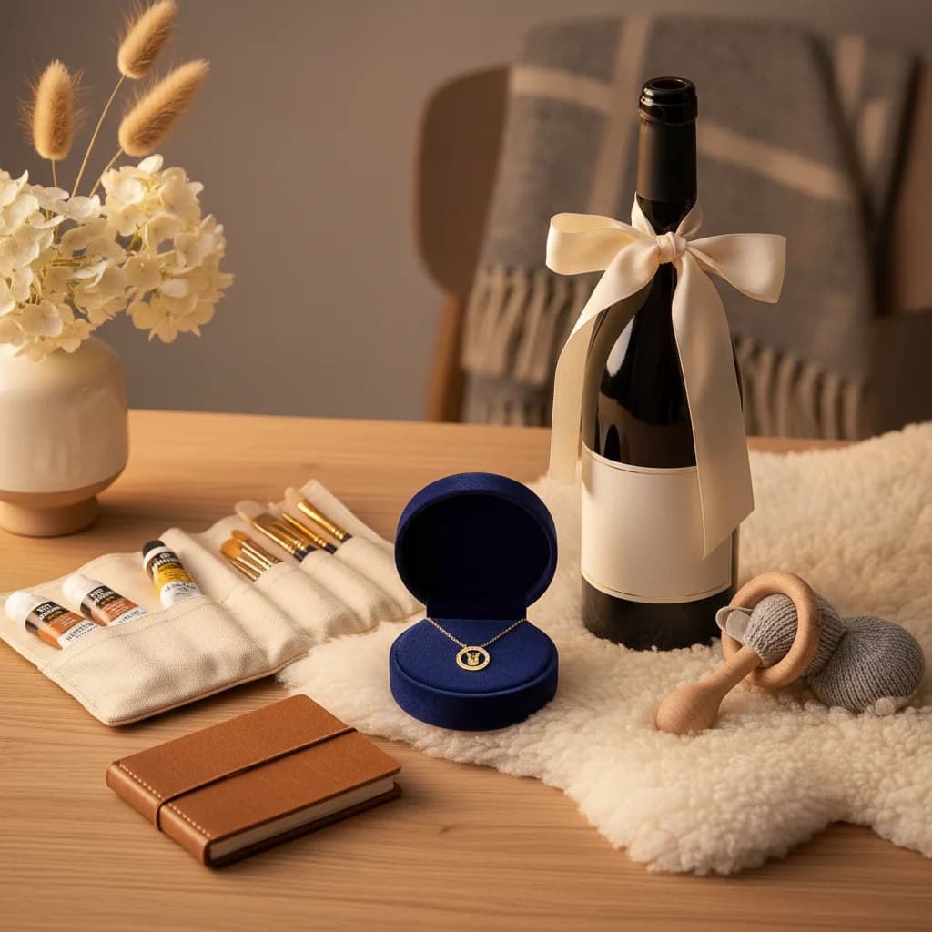Luksuriøse dåpsgaver med gullsmykke, sølvkopp og designermøbel i elegant setting