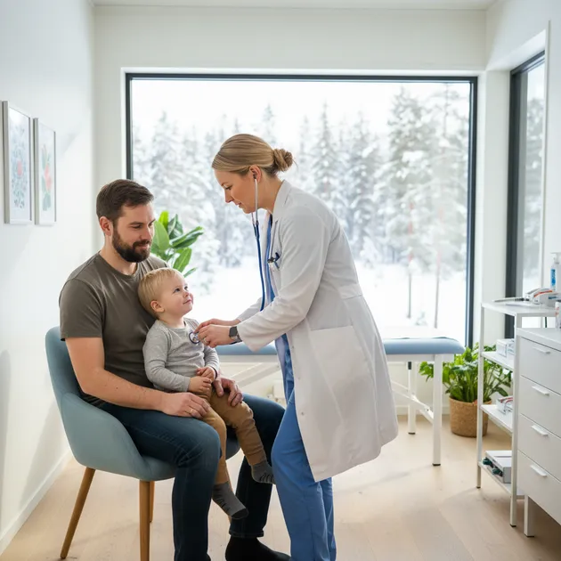 Lege som lytter på barnets lunger med stetoskop