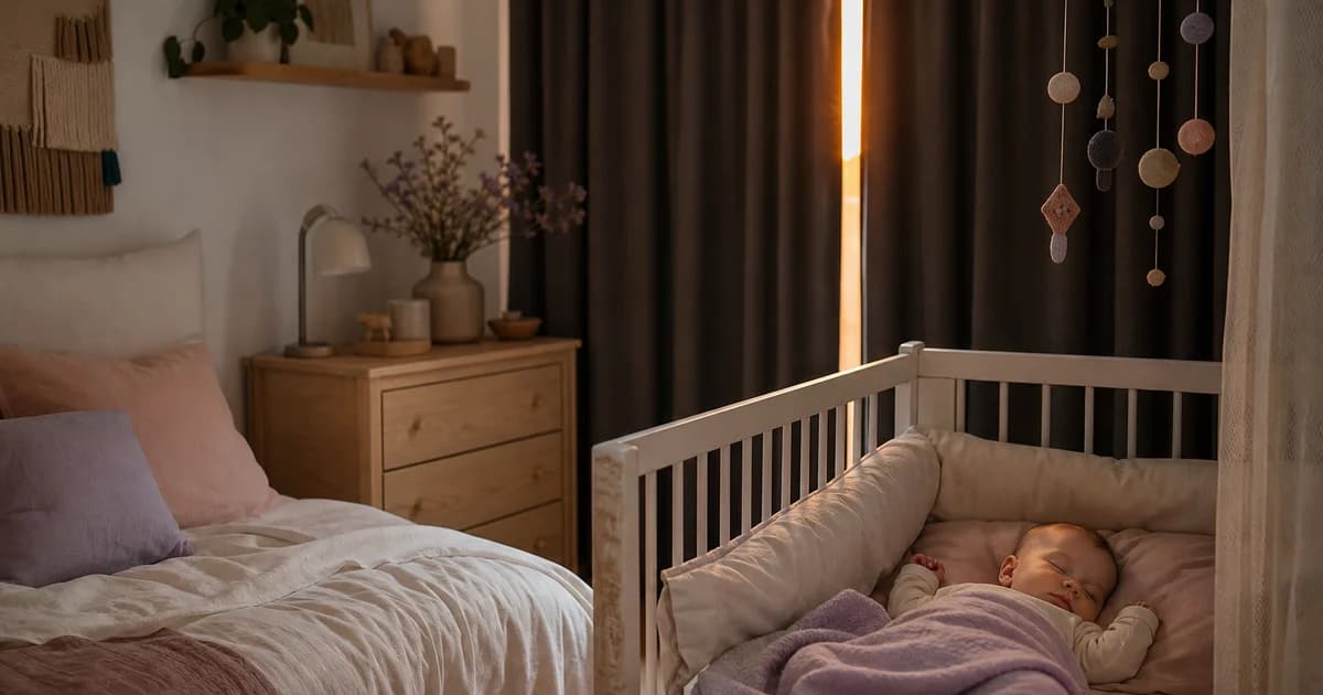 Baby sover trygt i seng med blackout-gardiner trukket for under norsk sommerkveld