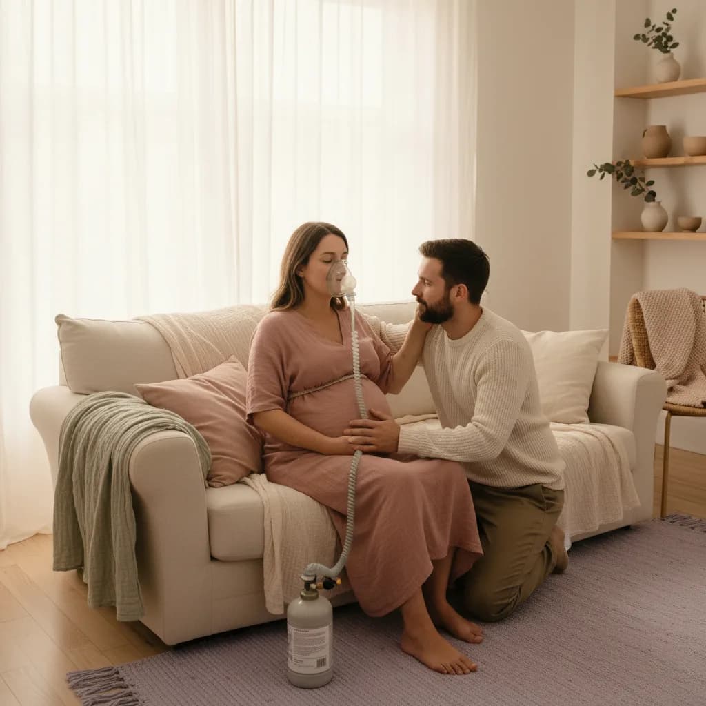 Gravid kvinne puster gjennom maske under fødsel med jordmor ved siden av