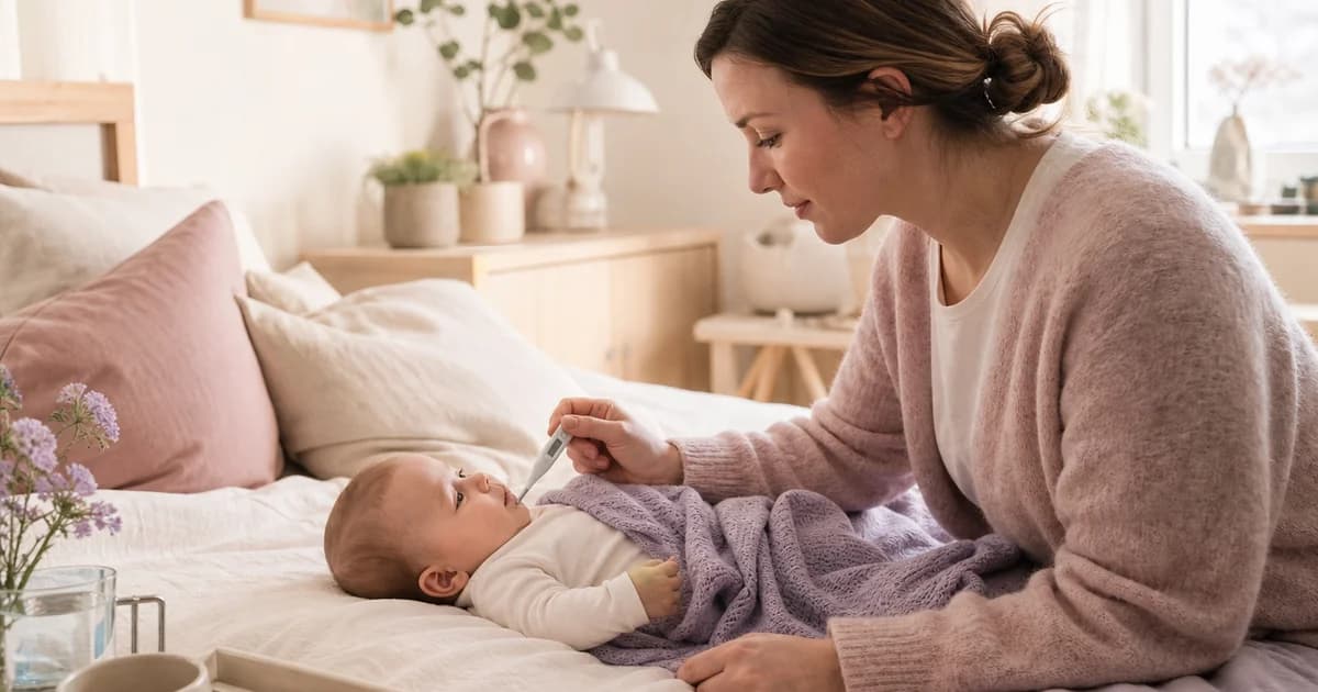 Forelder som forsiktig måler temperaturen på en rolig baby i et lyst skandinavisk soverom
