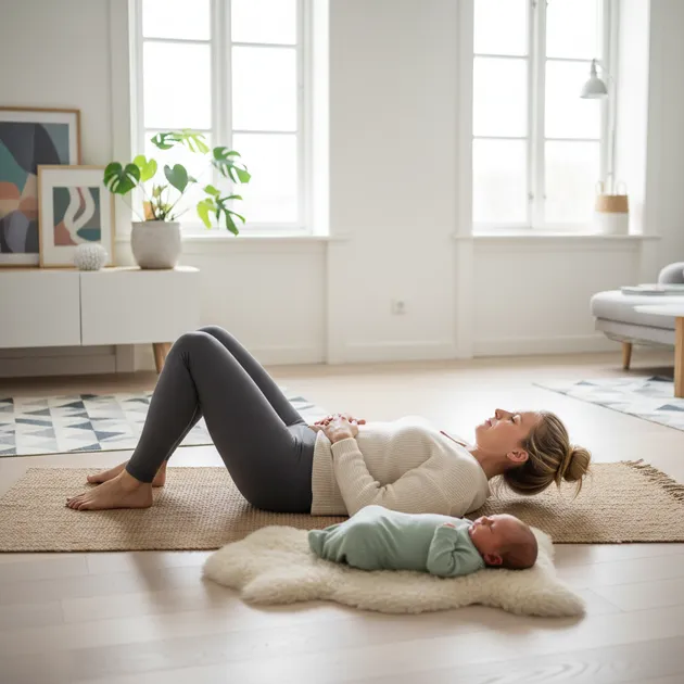 Ung mor med baby gjør forsiktige øvelser hjemme etter fødsel