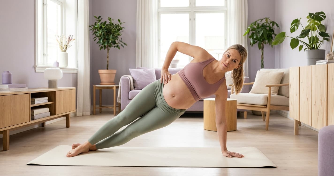 Gravid kvinne som trener kjernen med pilates-øvelse på yogamatte hjemme