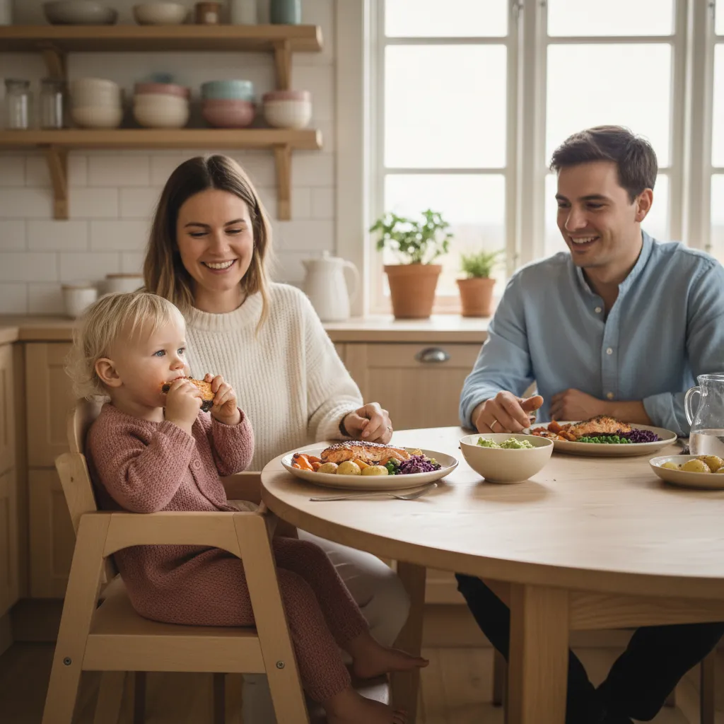 Ettåring som spiser familiens middag ved et skandinavisk spisebord med fargerike grønnsaker