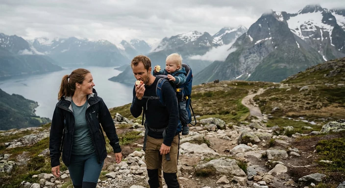 Familie på tur i norsk natur med piknik og babymat utbredt på et teppe