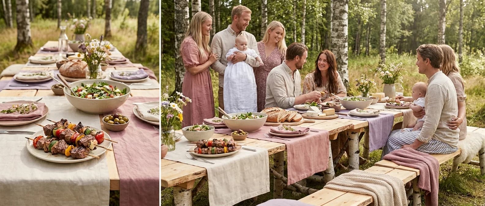 Vakkert dekket bord med mat til dåp utendørs en sommerdag med gjester i bakgrunnen