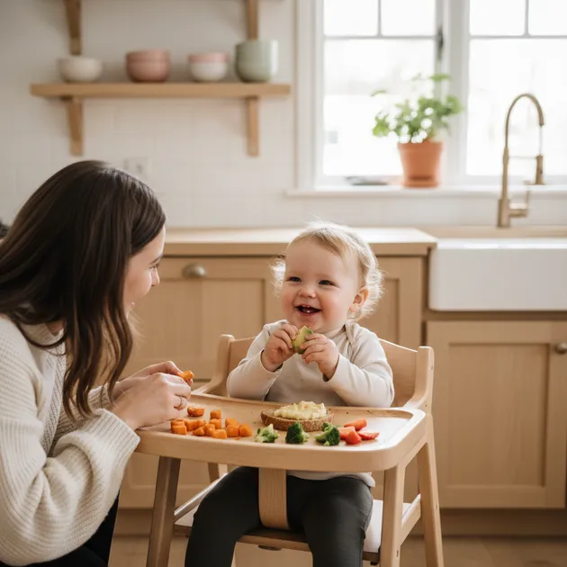Baby som spiser grønnsakspuré fra en skje ved kjøkkenbordet med fargerike matvarer rundt seg
