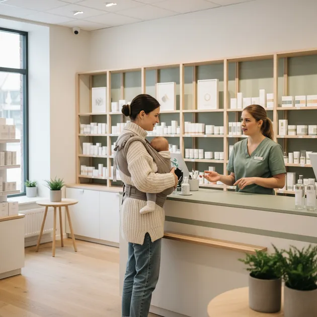 Mor med baby på fanget og medisinskrin på nattbordet i et lyst, nordisk hjem