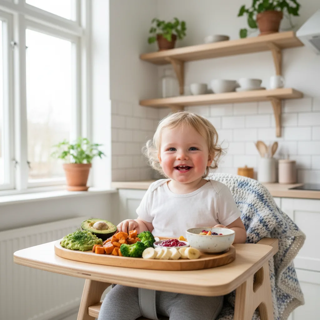 Forelder som forbereder melkefri mat for baby i et lyst kjøkken