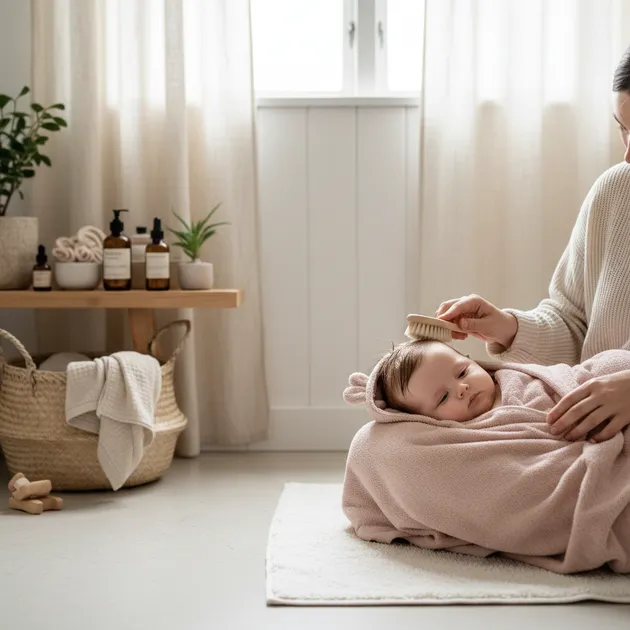 Forelder børster forsiktig babyens hår med en myk babybørste etter bading