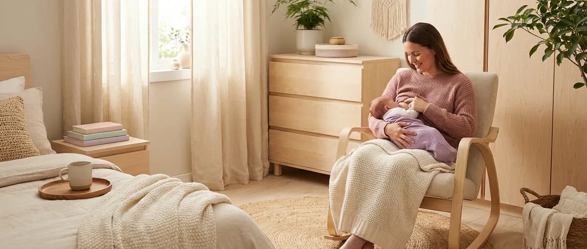 Nybakt mamma som ammer babyen sin i en rolig stund hjemme
