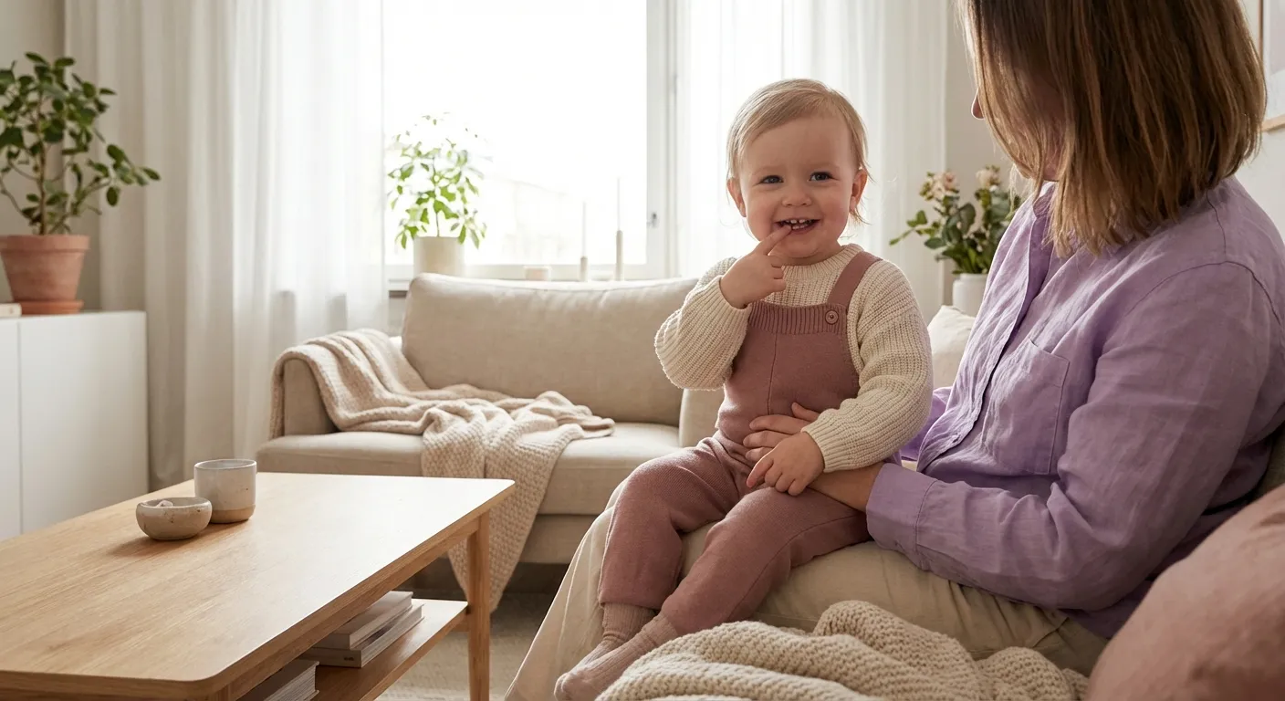 Smilende toddler som viser frem sine første melketenner