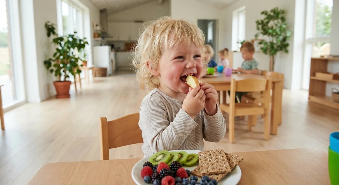 Småbarn som spiser fruktbiter og grønnsaksstaver som mellommåltid i et lyst skandinavisk kjøkken