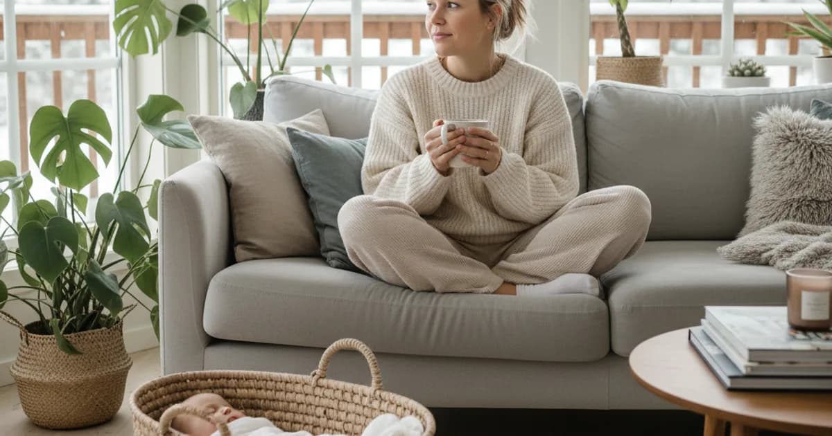 Ung mor med baby i et lyst skandinavisk hjem som holder en kopp te og virker avslappet