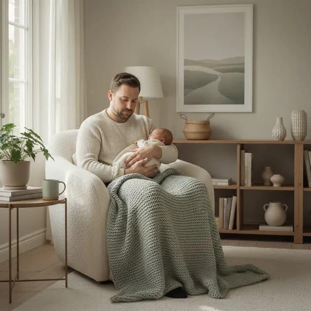 Far sitter alene i stuen med sovende baby på brystet, ser tankefull ut i dempet lys