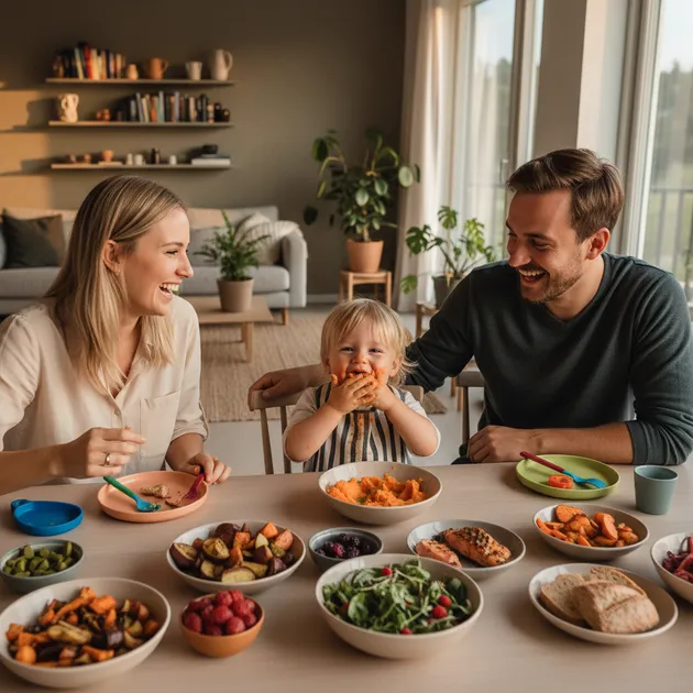 Familie som lager middag sammen med småbarn