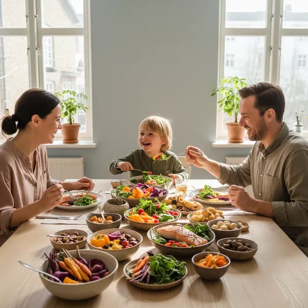 Fargerikt og sunt familiemåltid med grønnsaker og fisk