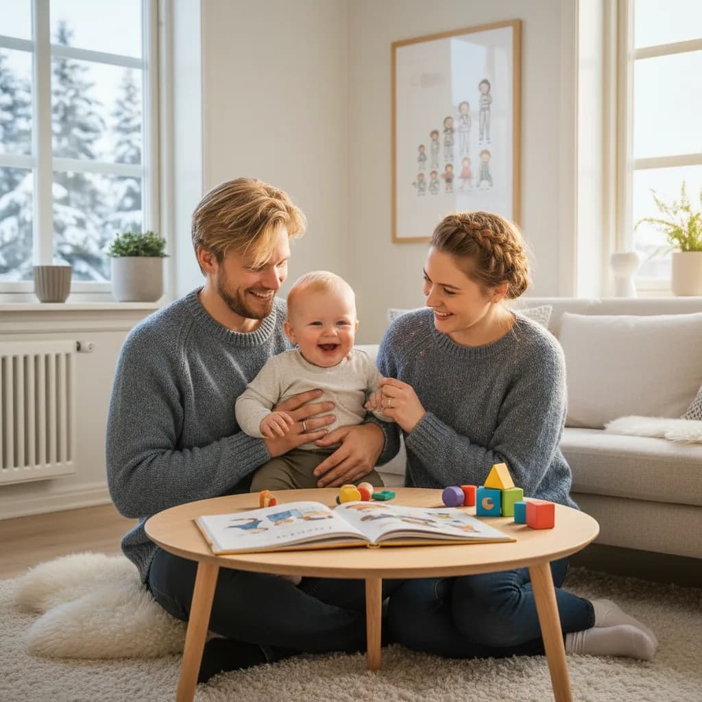 Baby som krabber på gulvet og strekker seg etter en leke mens forelderen sitter ved siden av