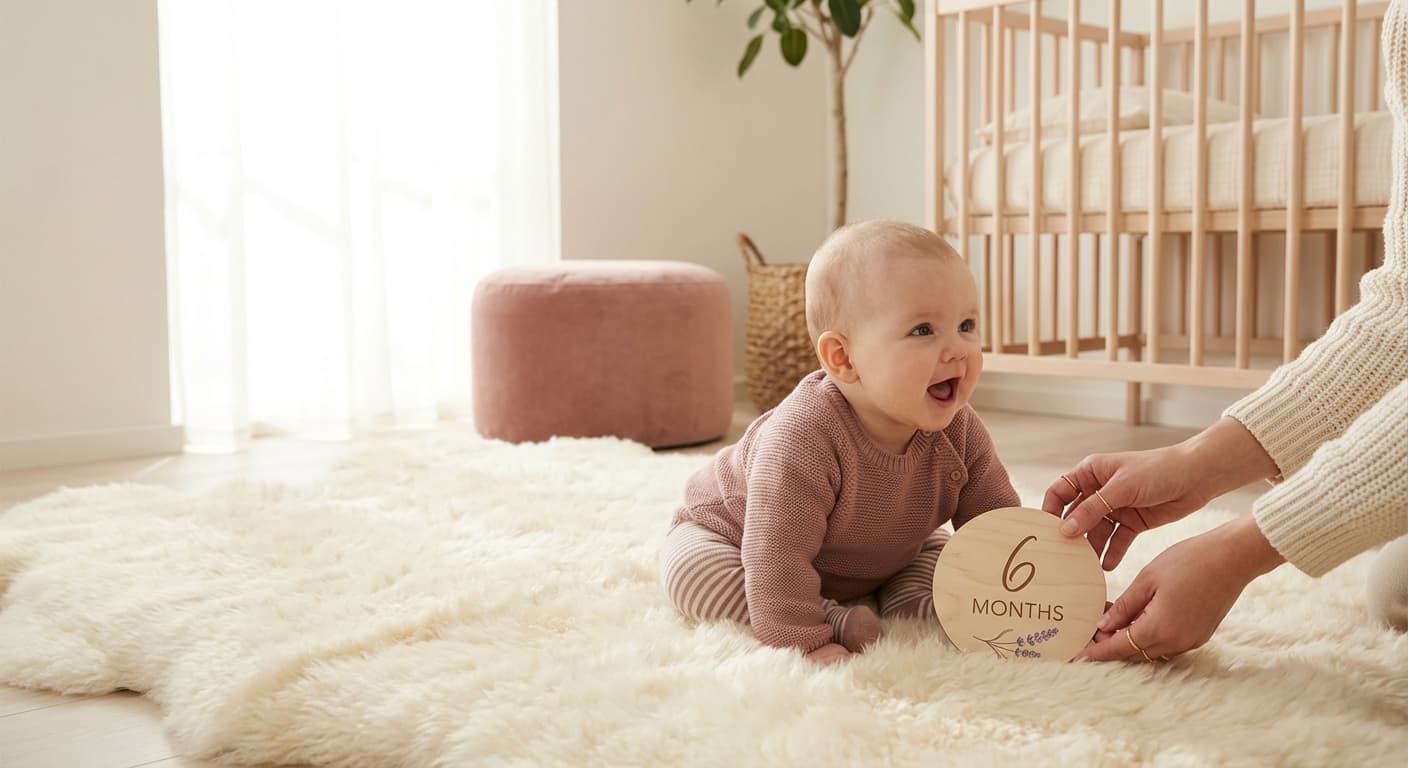 Baby ligger på teppe med milepælskort som viser 6 måneder