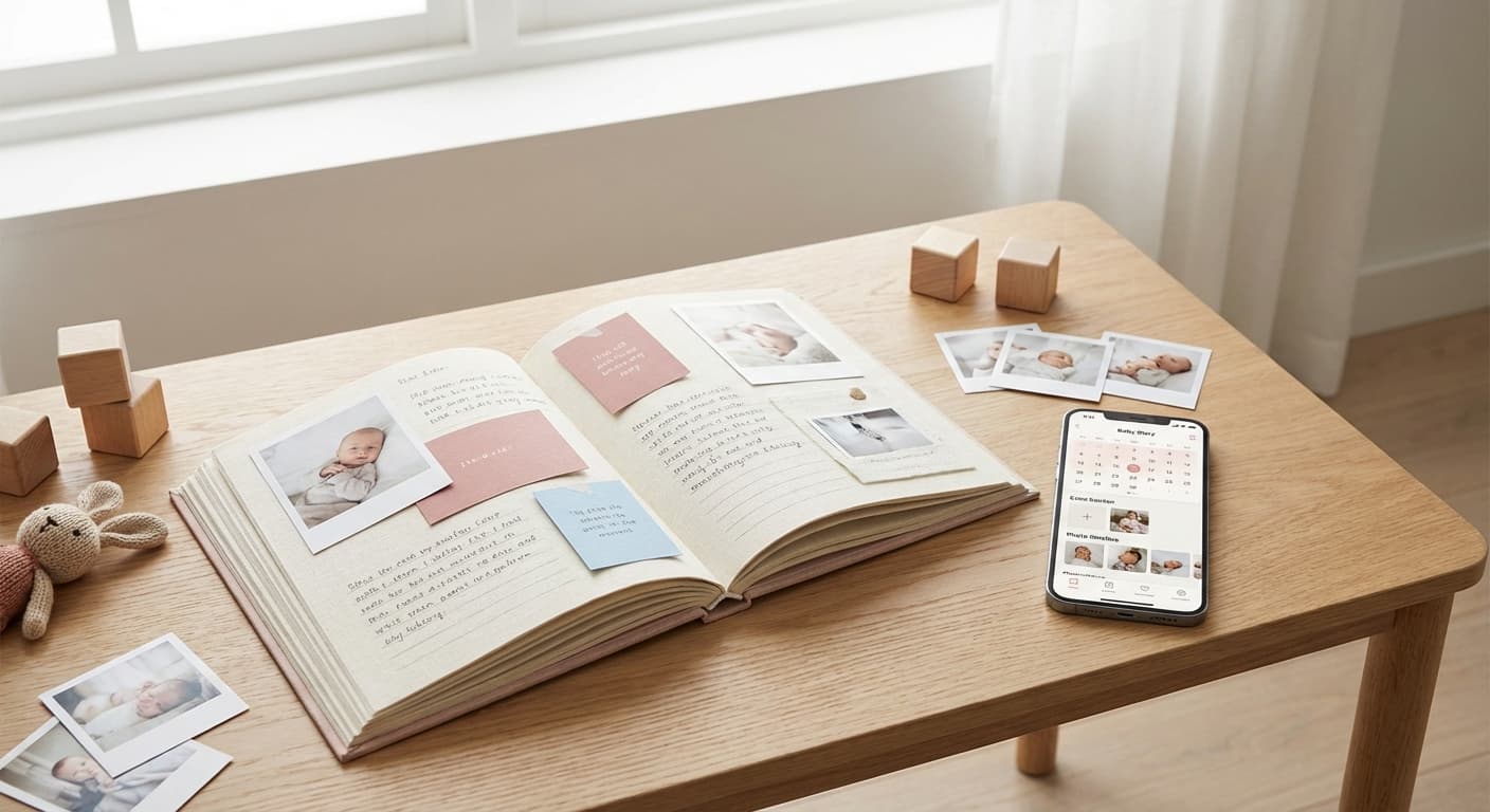 Fysisk babybok og mobiltelefon med digital minnebok side om side