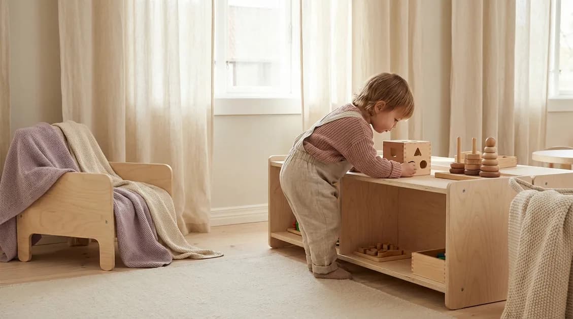 Barn som leker med montessori-leker i treleker på gulvet i et lyst rom