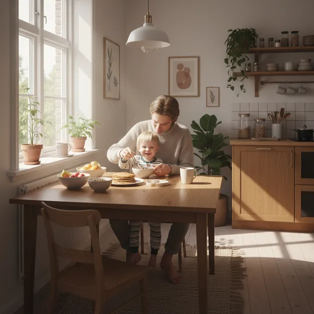 Forelder og barn som har en rolig frokost sammen ved kjøkkenbordet om morgenen