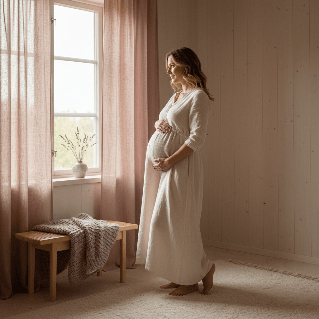 Gravid kvinne som holder på magen i varmt lys