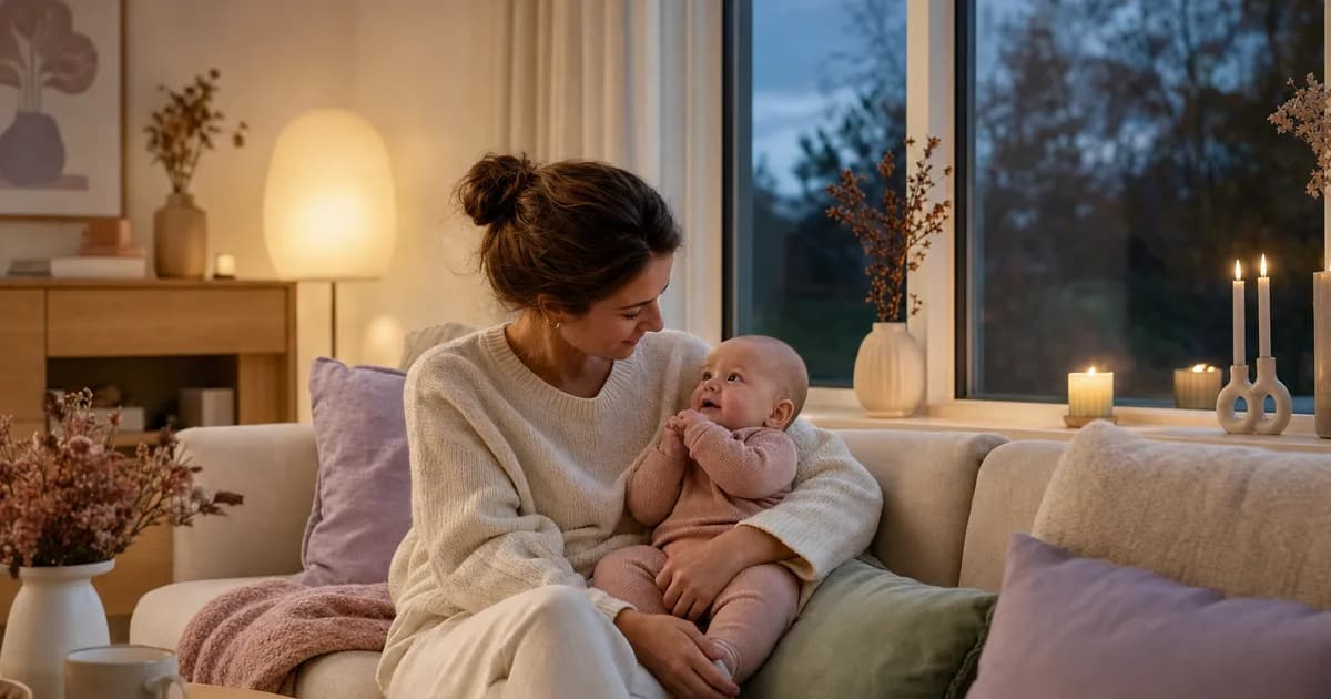 Varmt opplyst stue med forelder og baby en mørk høstettermiddag
