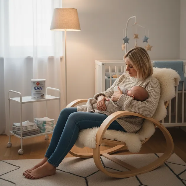 Forelder som gir baby flaske med morsmelkerstatning i et rolig og trygt øyeblikk