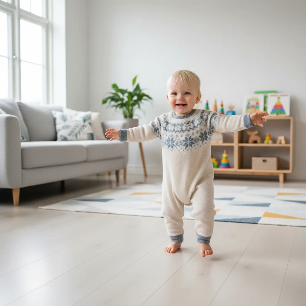Ettåring som tar sine første skritt på gulvet mens forelder holder hendene klare i bakgrunnen