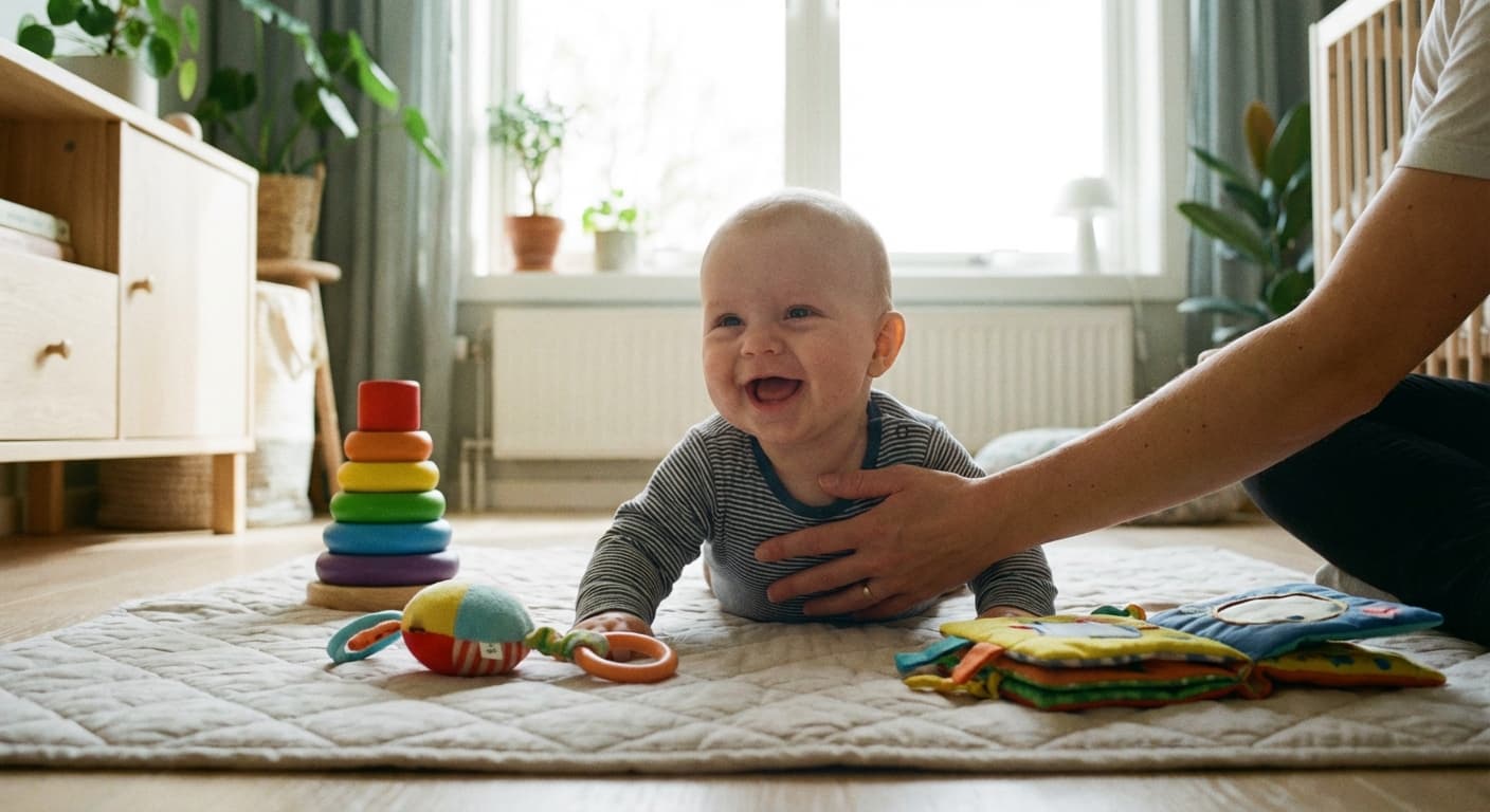 Baby som øver på å krabbe på mykt teppe