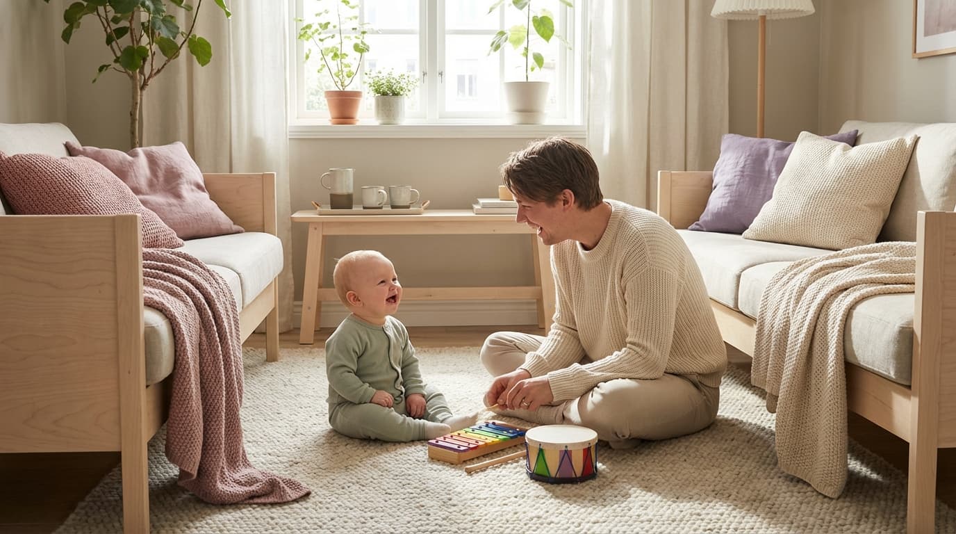 Baby som lytter oppmerksomt mens en forelder synger og spiller gitar