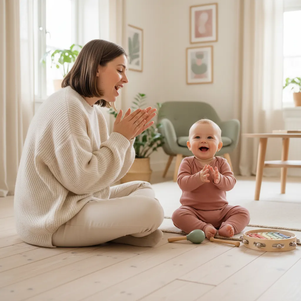 Forelder som synger og klapper sammen med en smilende baby på et lyst gulv