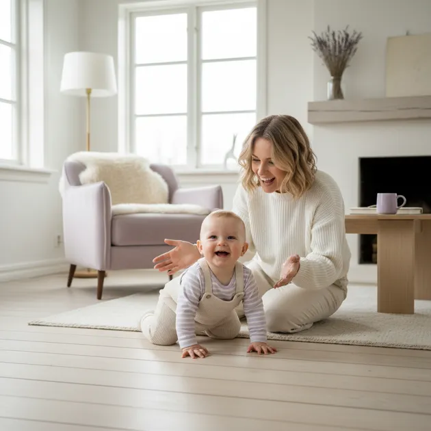 Smilende baby som krabber på et mykt teppe mot foreldrene i en lys stue