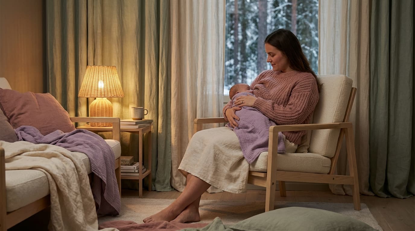 Forelder som trøster baby om natten i dempet lys