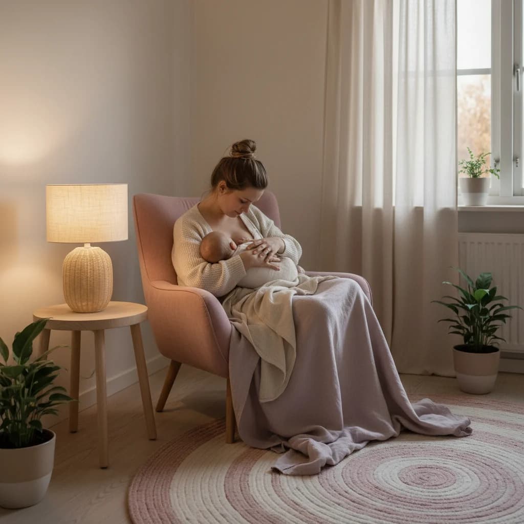 Mor som ammer baby i dempet belysning om natten i et rolig soverom