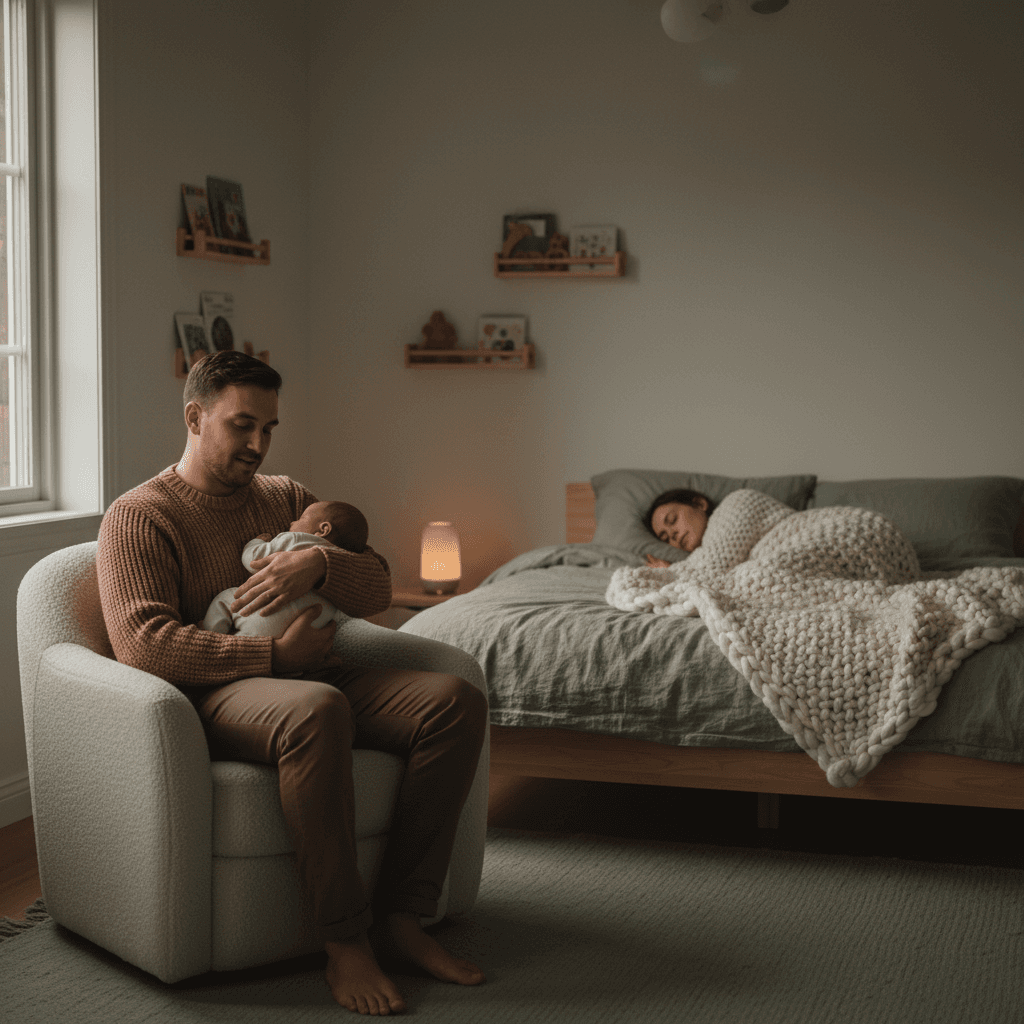 Partner trøster våken baby om natten i dempet belysning mens den andre forelderen sover