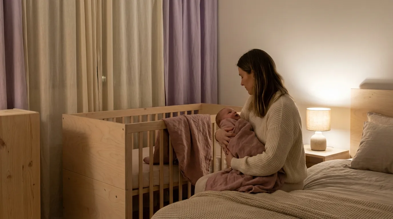 Mor som trøster baby om natten i nordisk barnerom