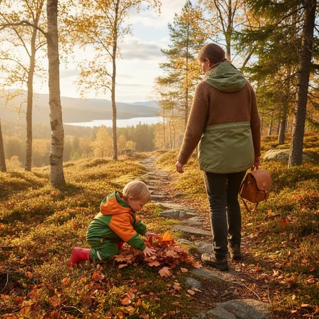 Småbarn som utforsker blader og pinner i en norsk skog om høsten med en forelder ved siden av