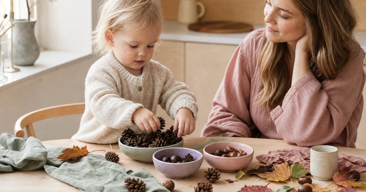 Småbarn som sorterer kongler, blader og kastanjer på et bord