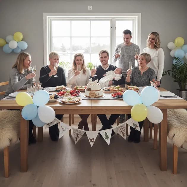 Familie feirer navnefest for baby med gjester og dekorasjoner