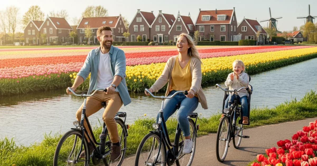 Glad nederlandsk barn som sykler langs en kanal med foreldrene
