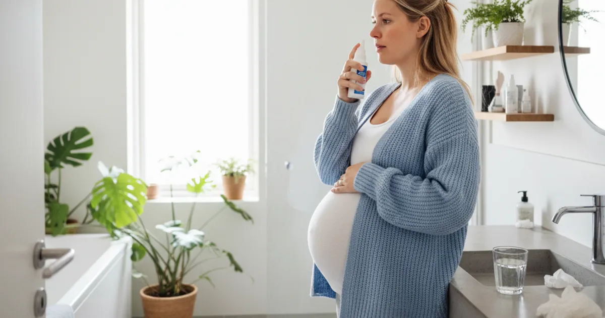 Gravid kvinne med nesespray i lyst nordisk bad